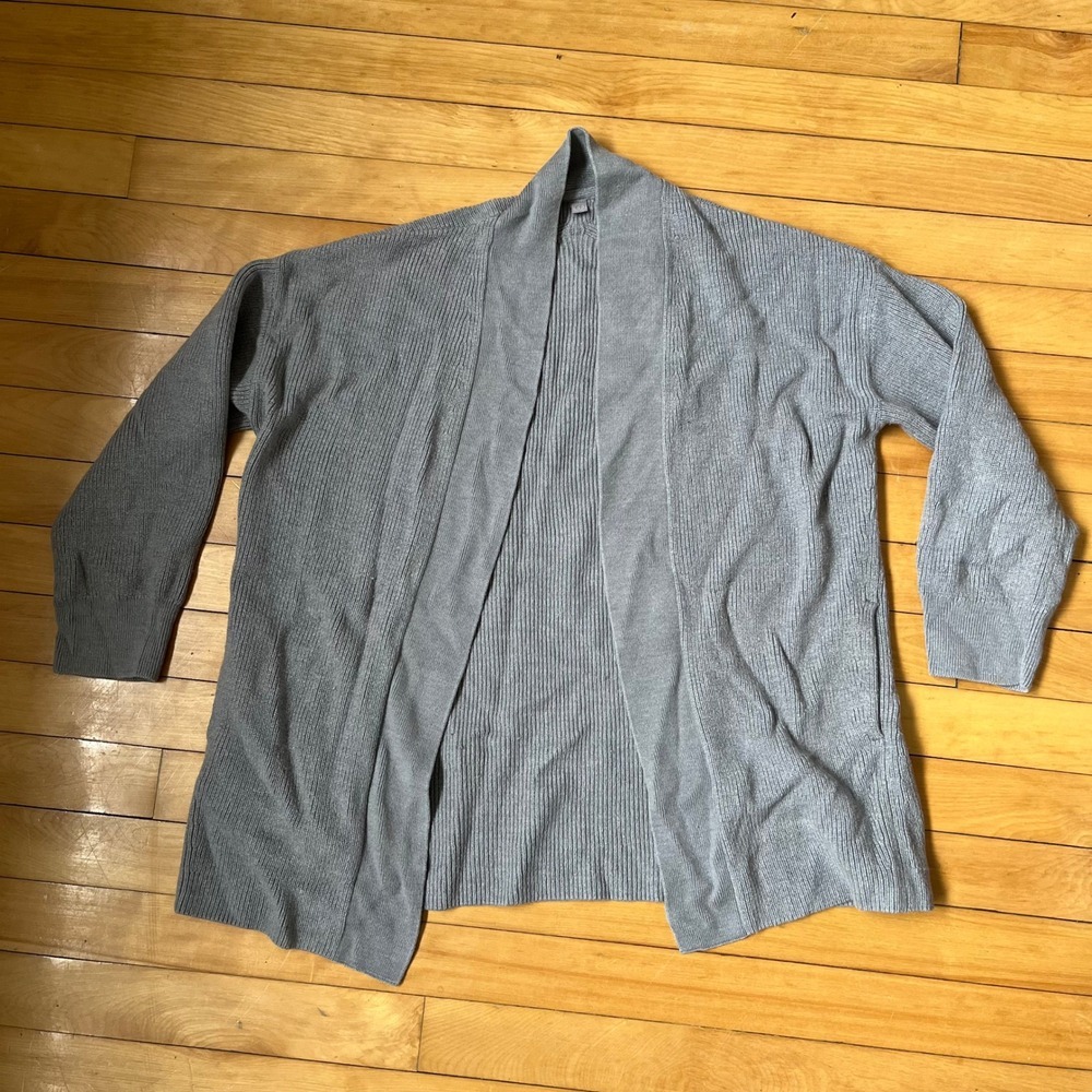 Lululemon Grey Ribbed Knit Open Front Cardigan Shawl Collar Relaxed Fit Sweater